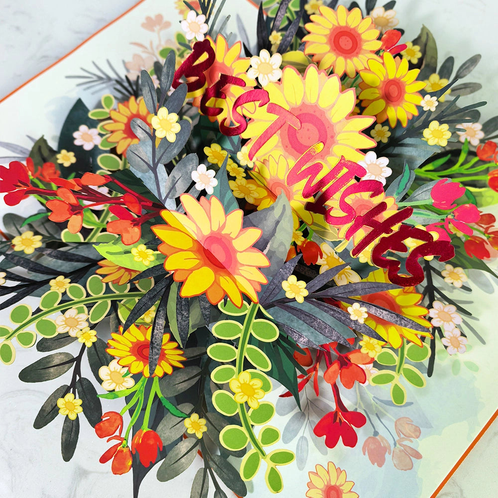 Side view of colorful floral 3D pop-up Best Wishes card