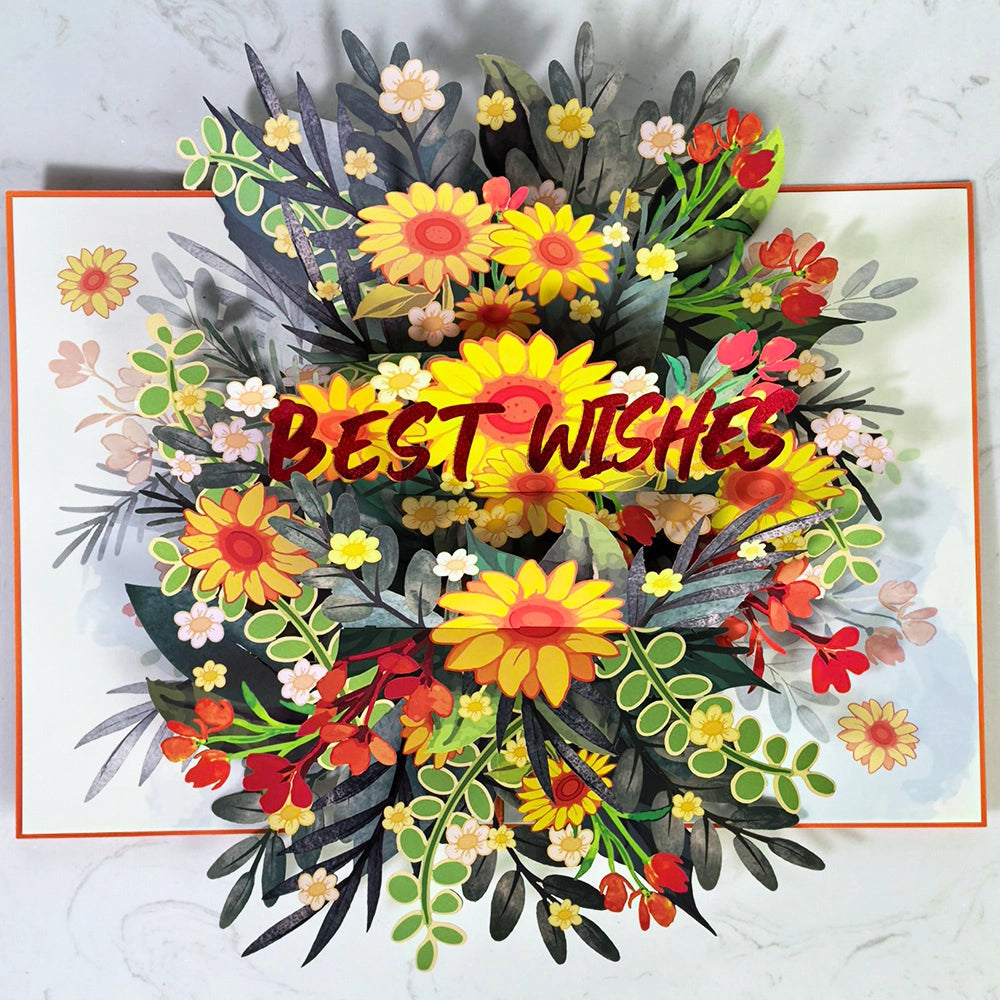 Detailed layered flowers and leaves on a 3D pop-up greeting card