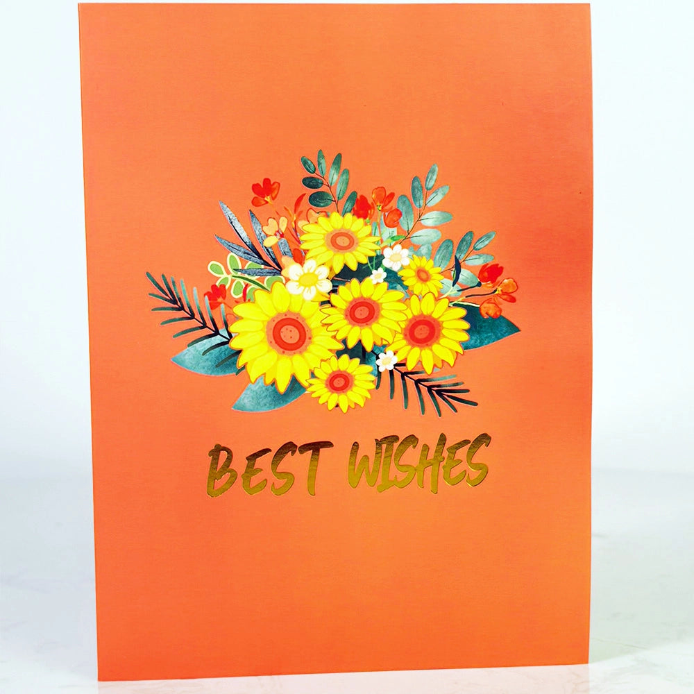 Orange Best Wishes floral greeting card with colorful flower bouquet