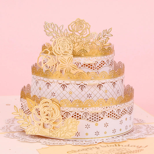 Elegant 3D birthday cake pop-up card with floral and gold details