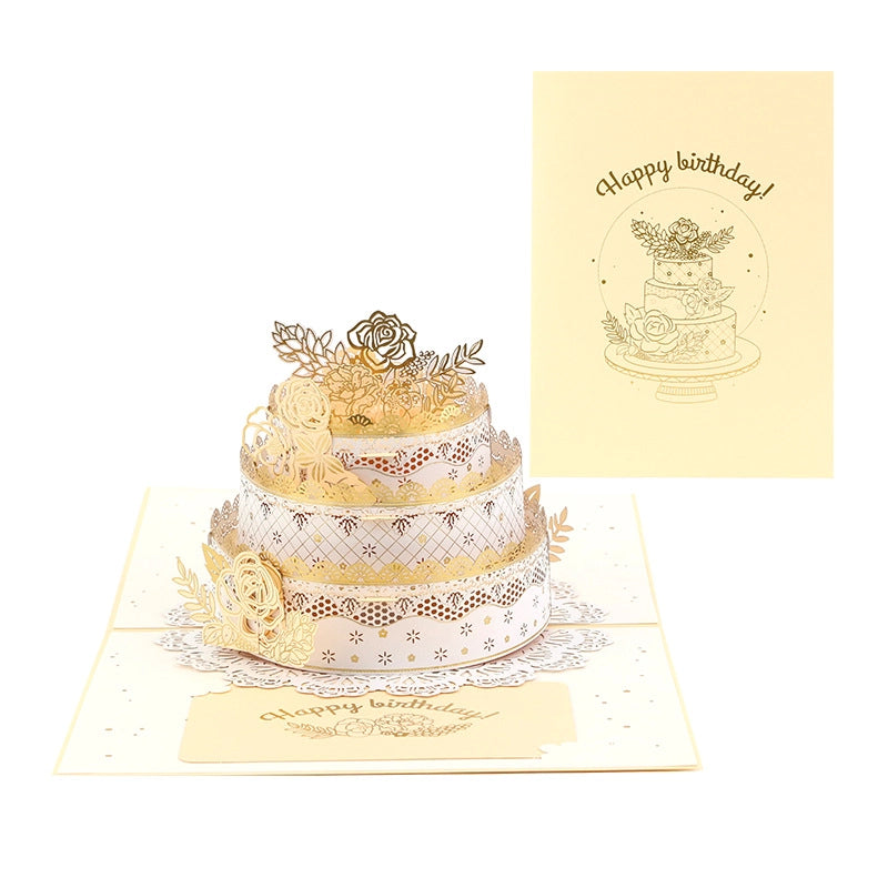 Luxury floral birthday cake pop-up card with Happy Birthday message