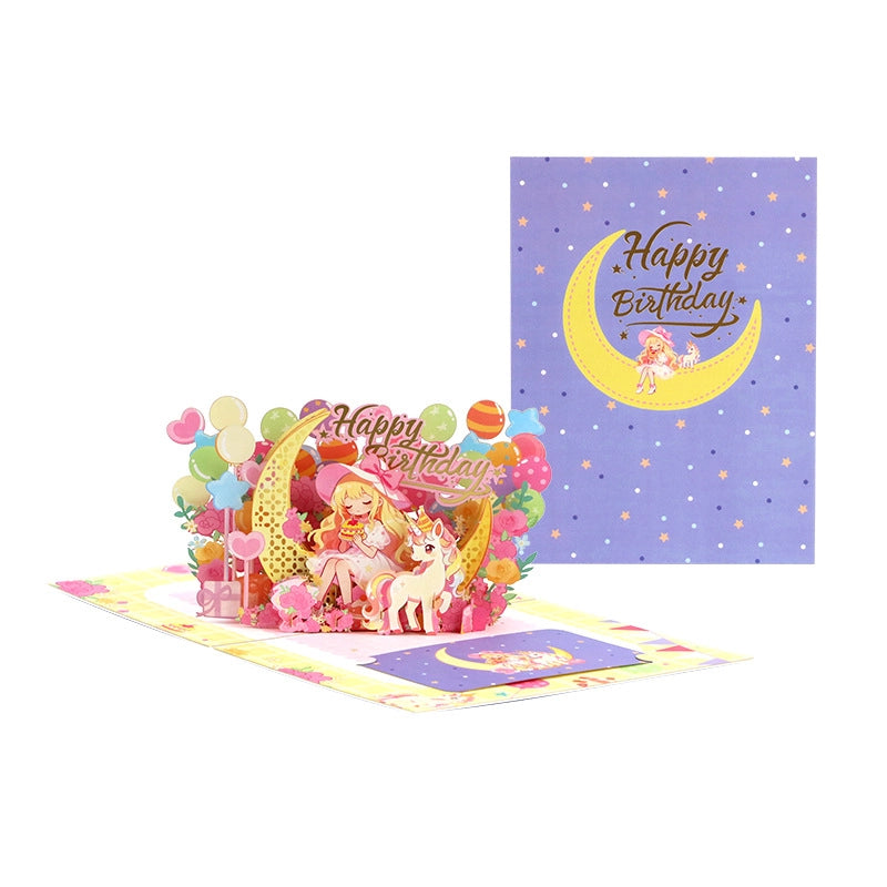 3D pop-up birthday greeting card with unicorn, birthday girl, balloons and flowers