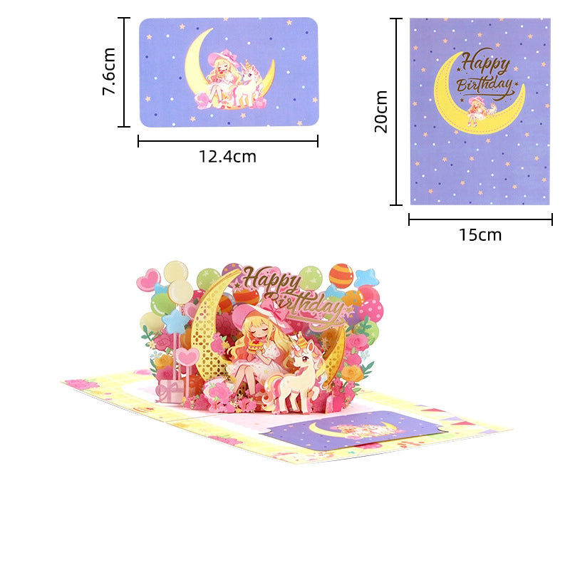 Unicorn birthday pop-up card with colorful 3D design, crescent moon and floral decorations