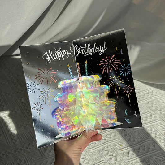 3D holographic birthday pop-up card with colorful cake and fireworks