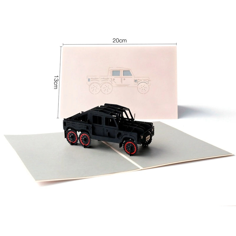 Dimensions of the 3D car card showing 20cm width and 13cm height, displaying the black six-wheeled truck pop-up structure.