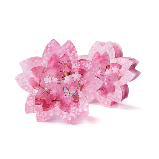 Two pink cherry blossom 3D pop-up cards standing side by side showing intricate layered paper flower design with butterfly details
