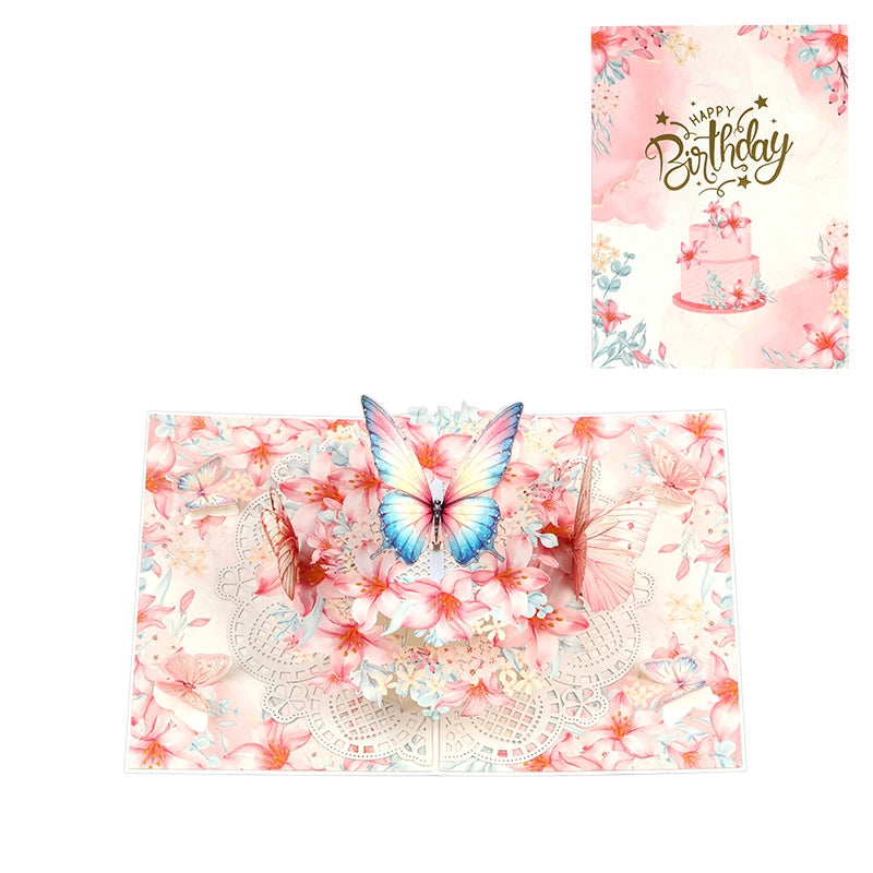 Happy Birthday 3D card with pink cake cover and floral butterfly interior on white background