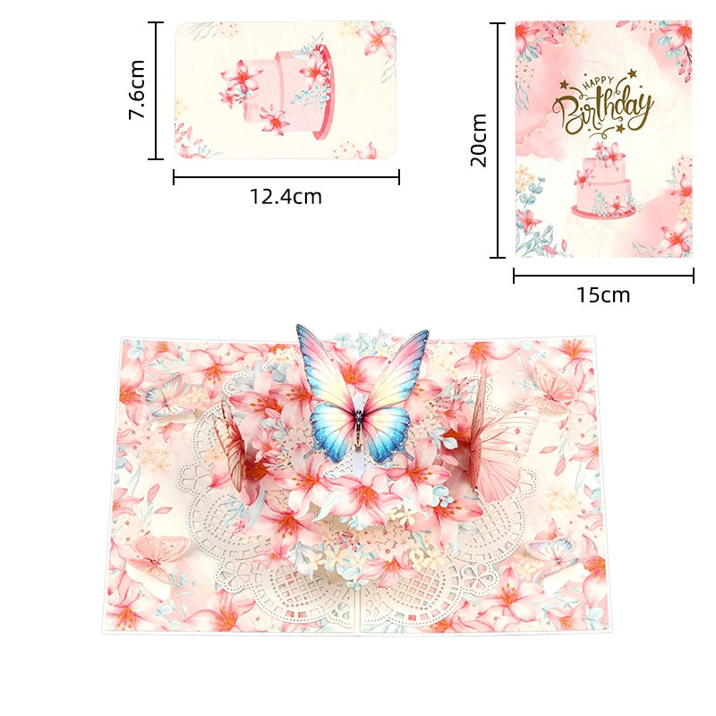 Dimensions of pink butterfly birthday card showing 15x20cm size