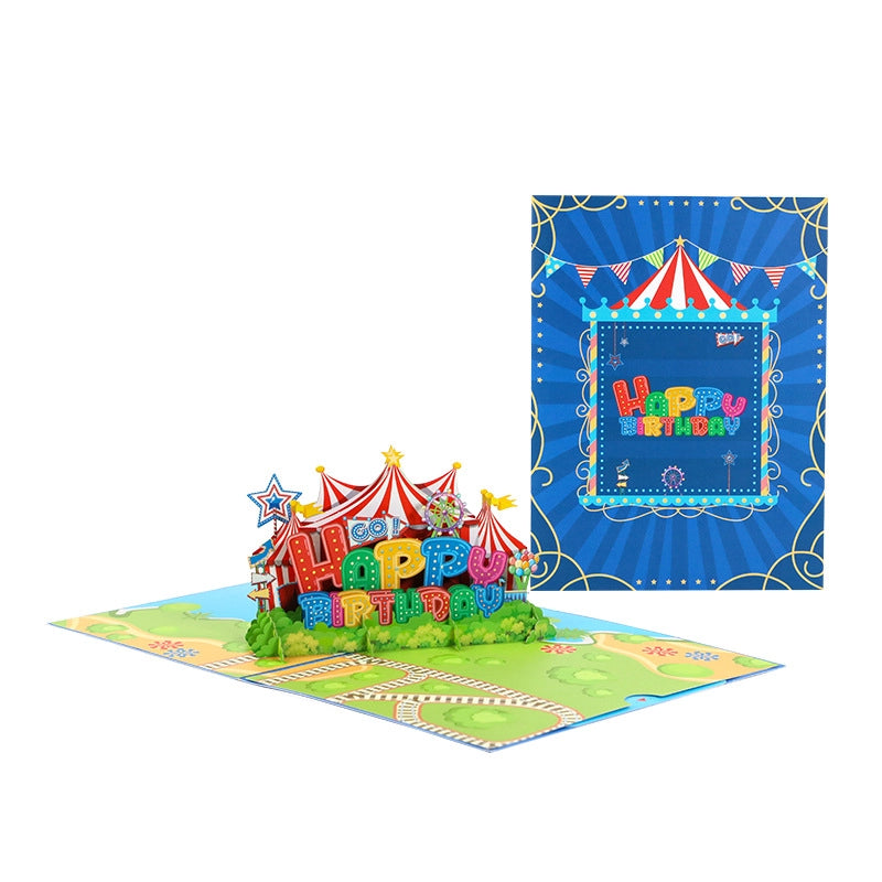 Full set of Circus Happy Birthday 3D card open on white background displaying vibrant carnival scene and matching envelope
