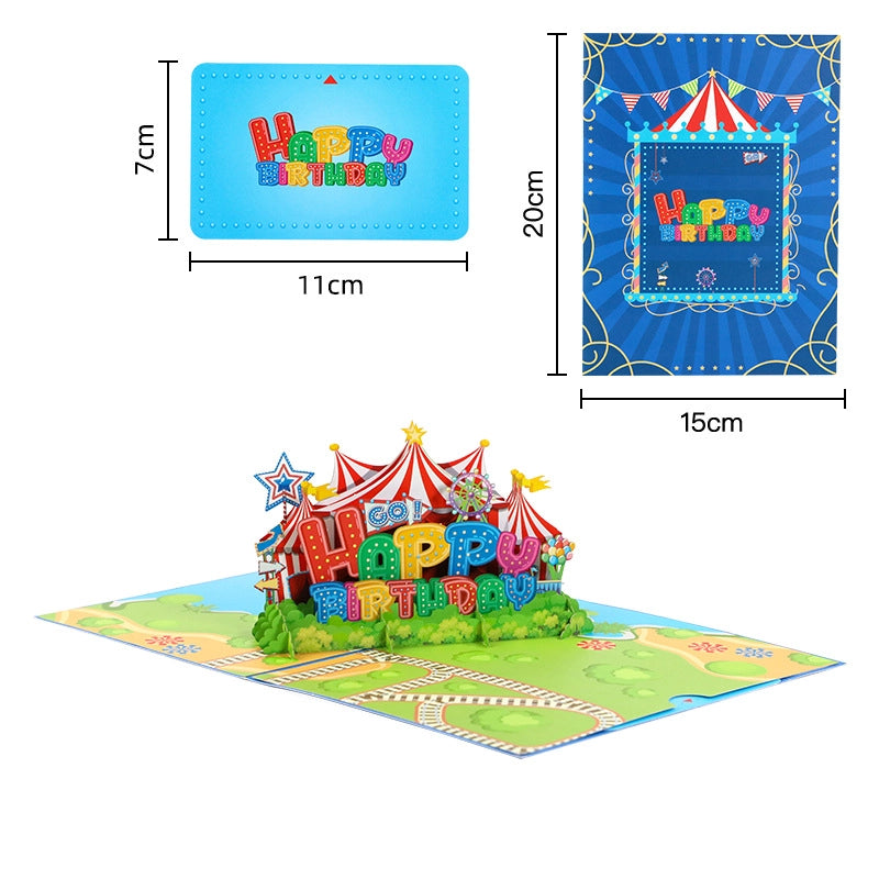 Circus theme Happy Birthday 3D pop-up card showing colorful tent structure and dimensions, blue cover with carnival design
