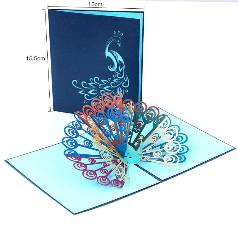 Peacock 3D card size guide showing dimensions 13cm x 15.5cm with open pop-up display