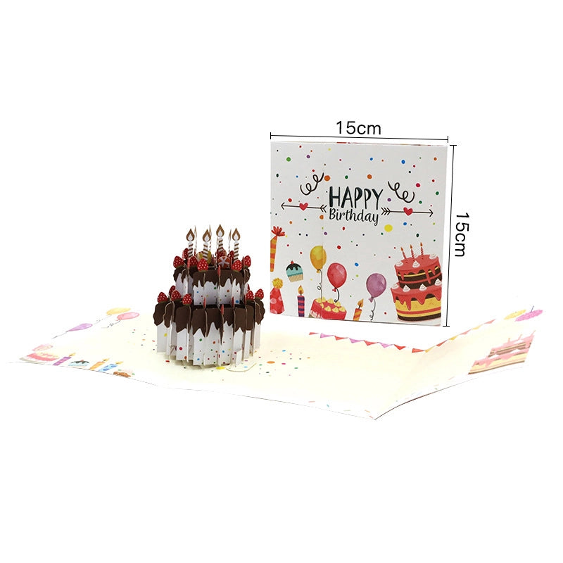 3D pop-up birthday cake card with dimensions 15x15cm, featuring a two-tier chocolate strawberry cake and candles.
