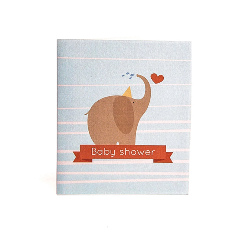 Light blue horizontal striped cover of Baby Shower card with cute elephant graphic and red ribbon banner
