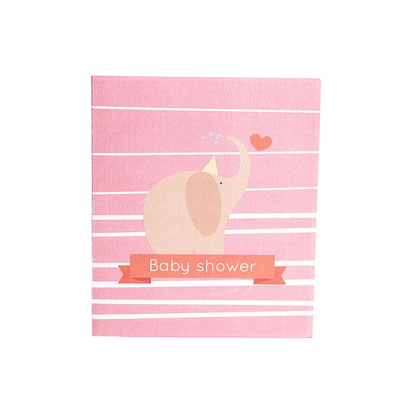 Pink horizontal striped cover of Baby Shower card featuring a beige elephant illustration blowing a kiss
