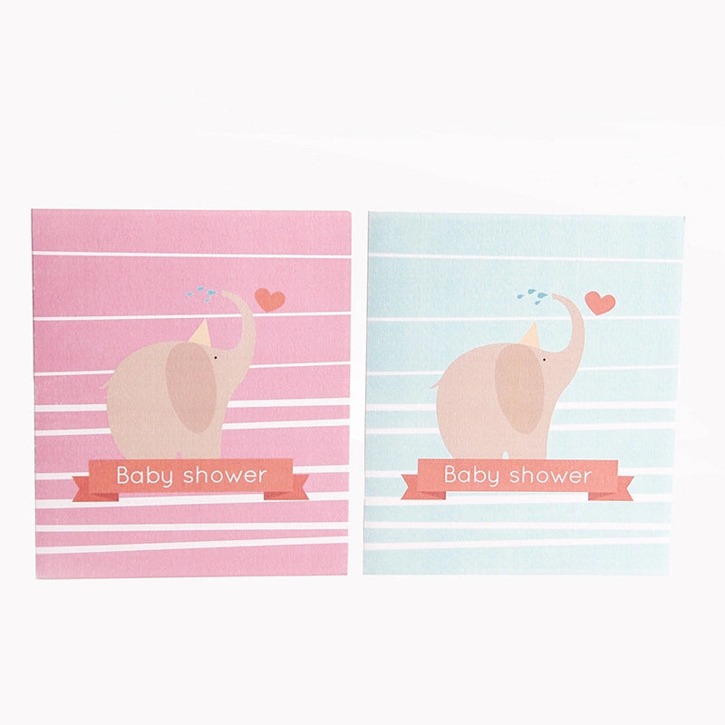 Pink and blue striped Baby Shower greeting card covers featuring a cute cartoon elephant illustration with a party hat and heart
