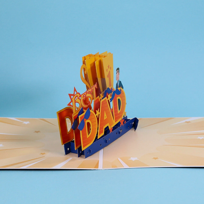 Side view of Best Dad 3D pop up card showing layered paper design