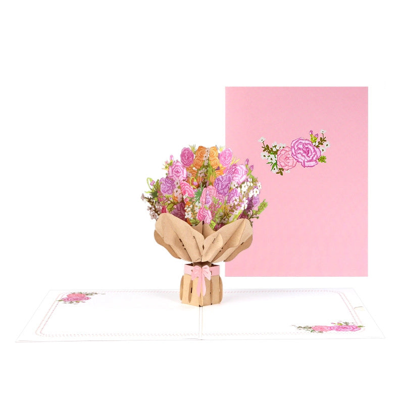 3D flower bouquet card with pink ribbon bow