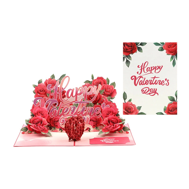 White background product shot of romantic red rose 3D card and envelope set
