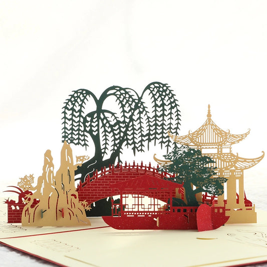 Chinese landscape 3D pop-up greeting card with traditional bridge pavilion and willow trees