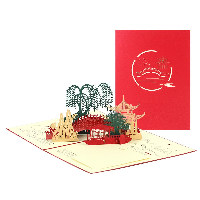 Red Chinese style 3D pop-up greeting card with traditional landscape