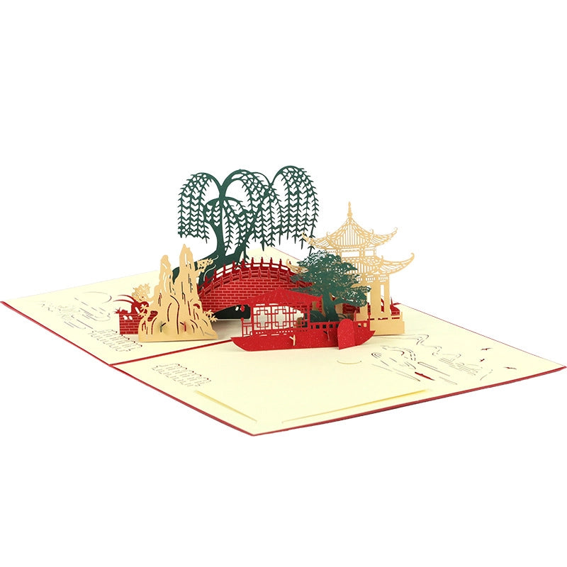 Chinese traditional landscape 3D pop-up card displayed open