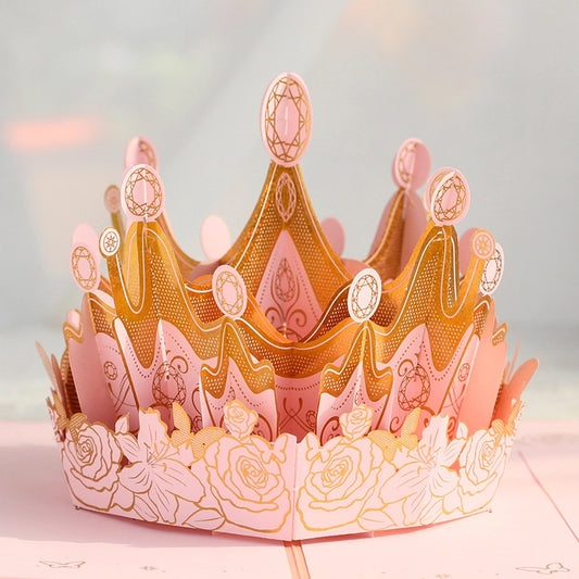 3D pink and gold crown pop-up card opened