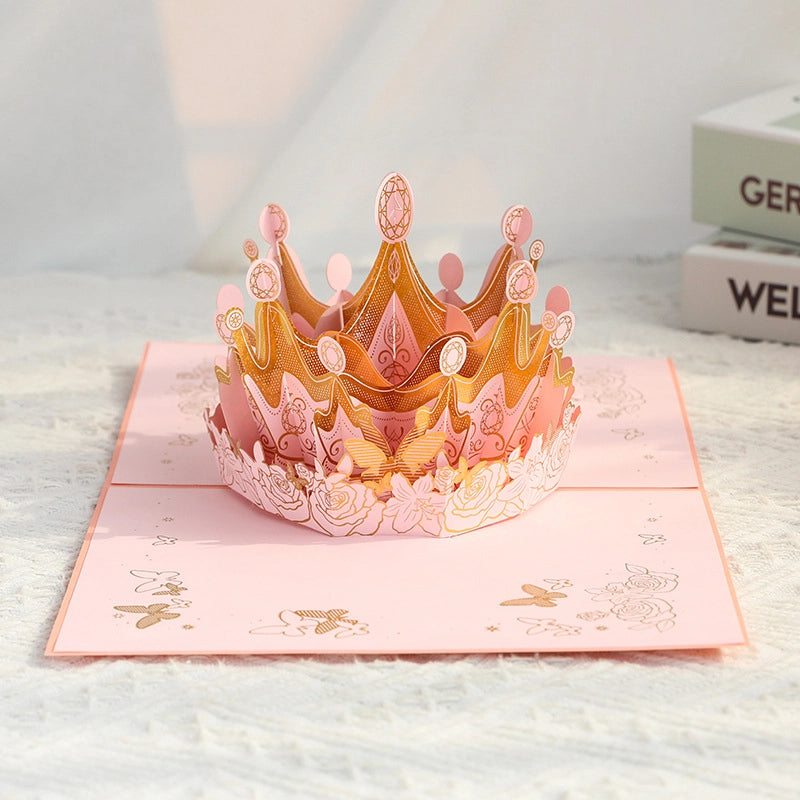 Elegant 3D pink crown greeting card with roses and butterflies