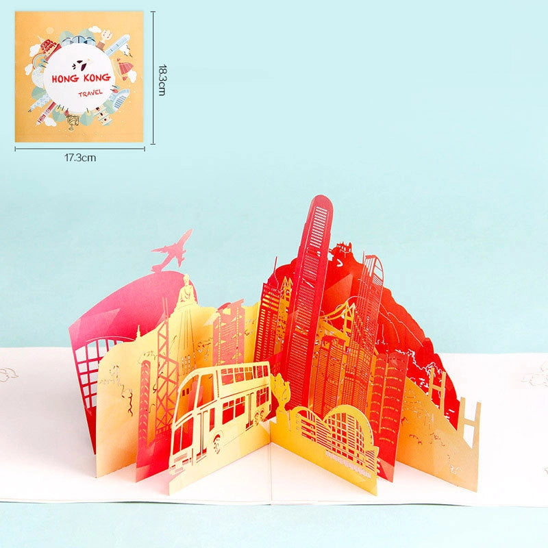 Hong Kong travel souvenir pop-up card open display with dimensions 17.3x18.3cm, showing full city scene and envelope
