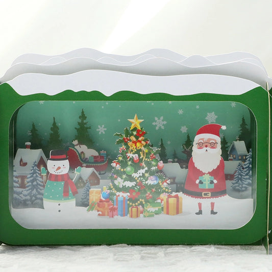 Front view of a retro TV-shaped Christmas card featuring Santa Claus, a snowman, and a decorated tree inside a green frame with white snow details on top.