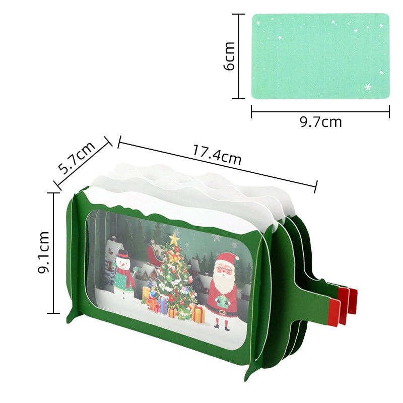 Dimensions of the interactive Christmas theater card showing 17.4cm width and 9.1cm height, with a pull-tab mechanism on the side.