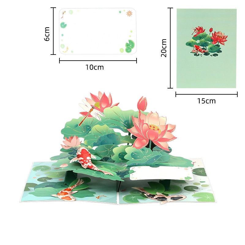 Lotus and koi 3D pop-up greeting card with size details and blank message area