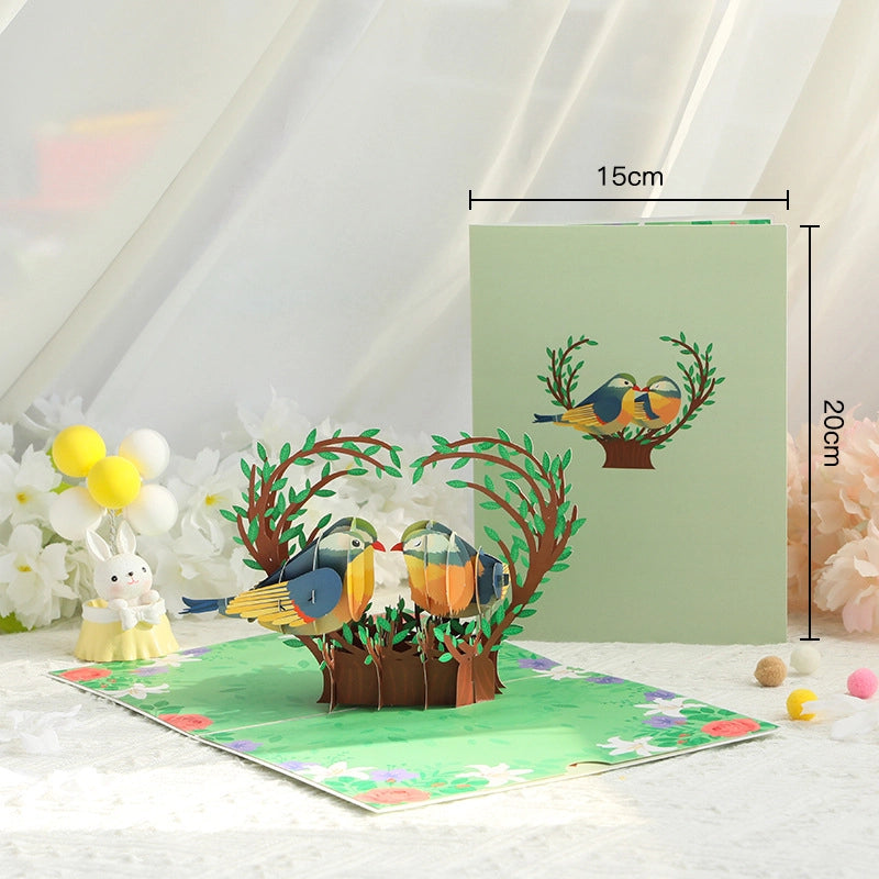 Dimensions of love birds greeting card, 20cm height by 15cm width, showing size scale