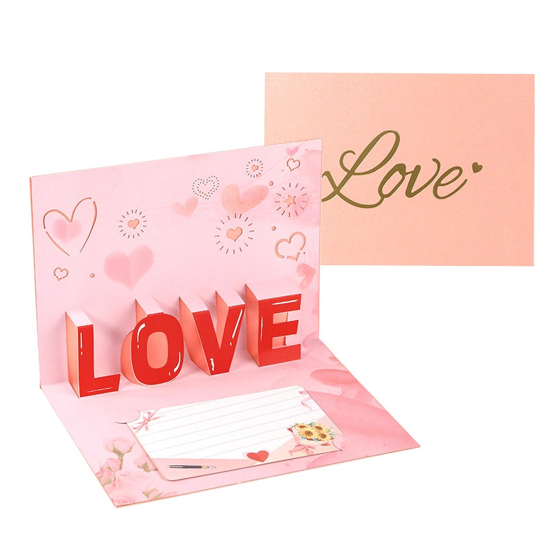 Open 3D Love card with romantic hearts and floral details