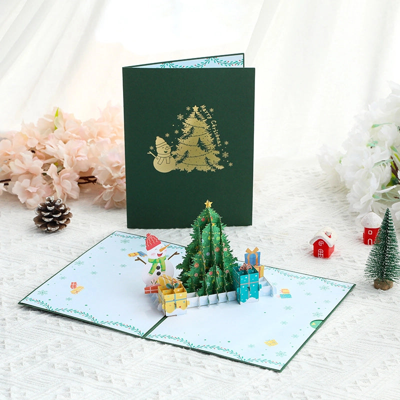 3D Christmas pop-up card with Christmas tree, snowman and colorful gifts
