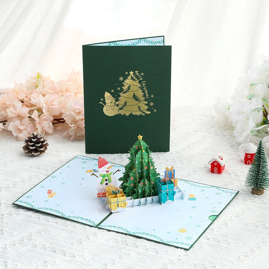 3D Christmas pop-up card with Christmas tree, snowman and colorful gifts