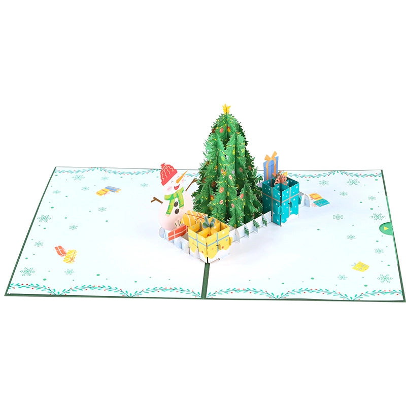 3D Christmas greeting card open showing Christmas tree, gifts and snowman
