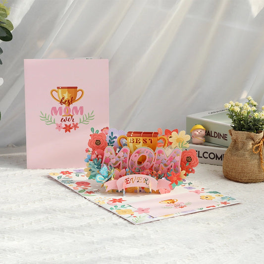 Best Mom Ever 3D pop-up greeting card with colorful flowers and golden trophy