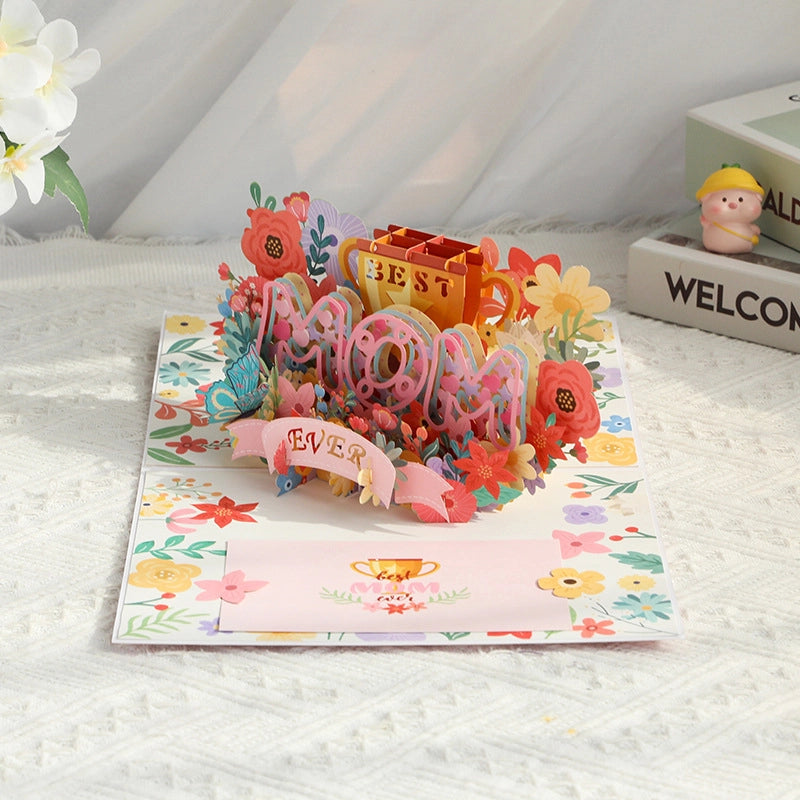 Close-up of Best Mom Ever 3D pop-up card with layered MOM lettering