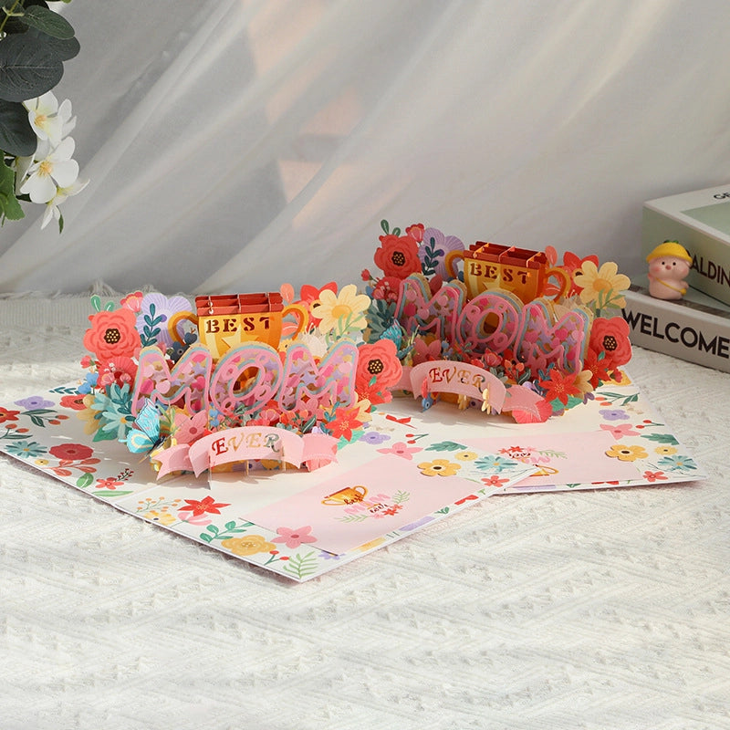 Best Mom Ever floral 3D pop-up greeting card displayed open