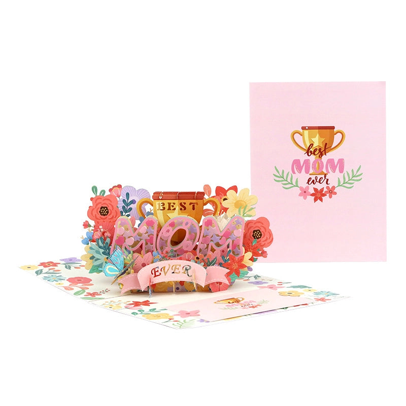 Best Mom Ever 3D pop-up card with pink cover and floral design