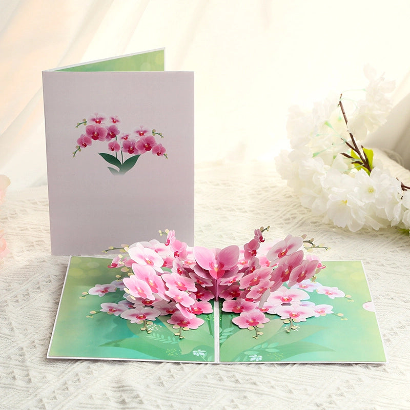Pink Orchid 3D Pop-Up Card open showing blooming flowers next to closed cover