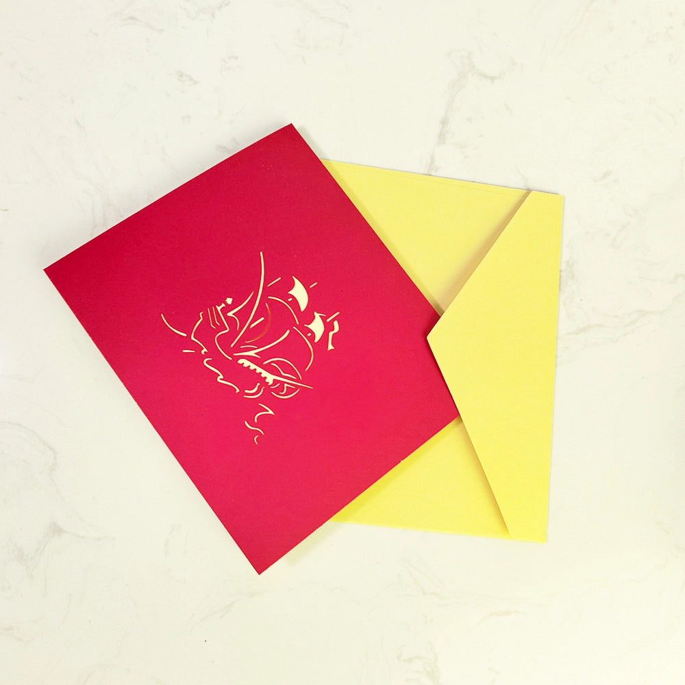 Red nautical sailing ship greeting card with matching envelope and laser-cut boat artwork.