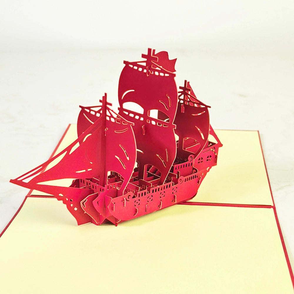 Detailed view of AOO POP sailing boat paper sculpture greeting card.