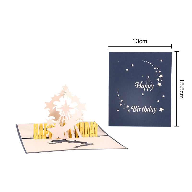 Starry 3D pop-up birthday card with dimensions 13x15.5cm, featuring laser-cut stars and golden Happy Birthday text.