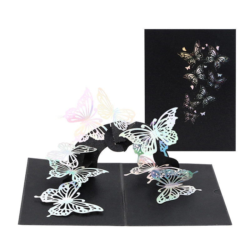 Open butterfly pop-up card with colorful butterflies and black cover