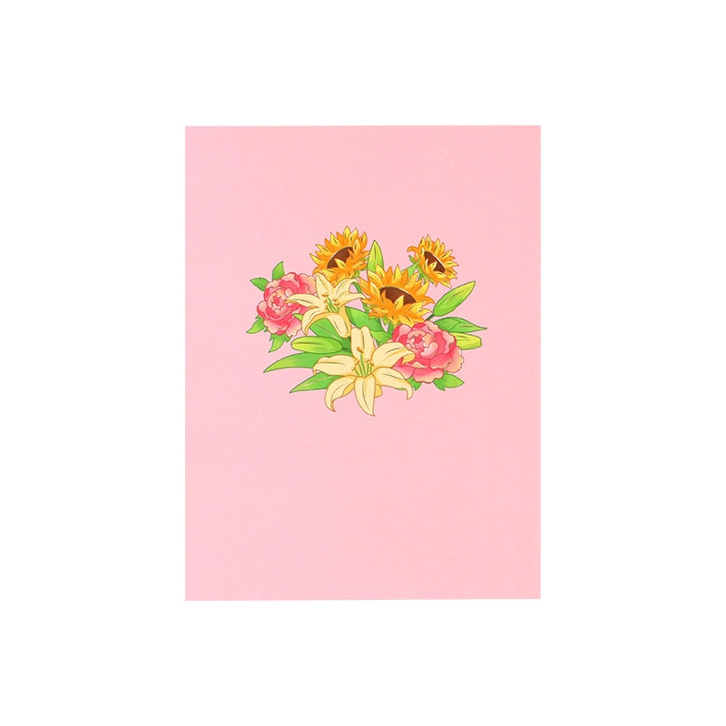 Pink greeting card cover with illustration of sunflowers lilies and roses bouquet