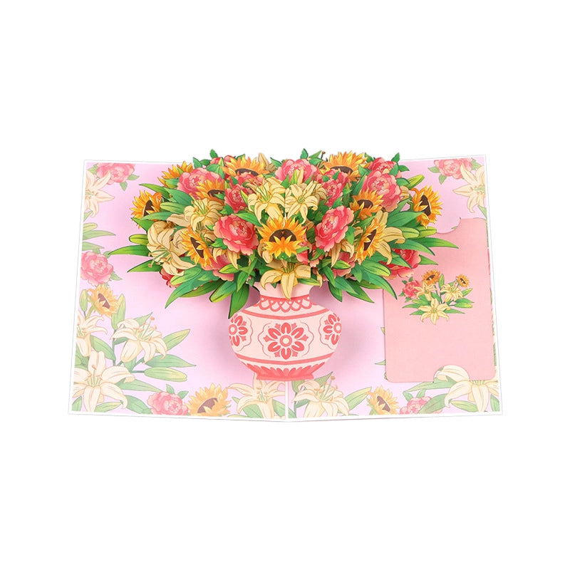Top down view of colorful 3D paper flower bouquet popping out of vase greeting card