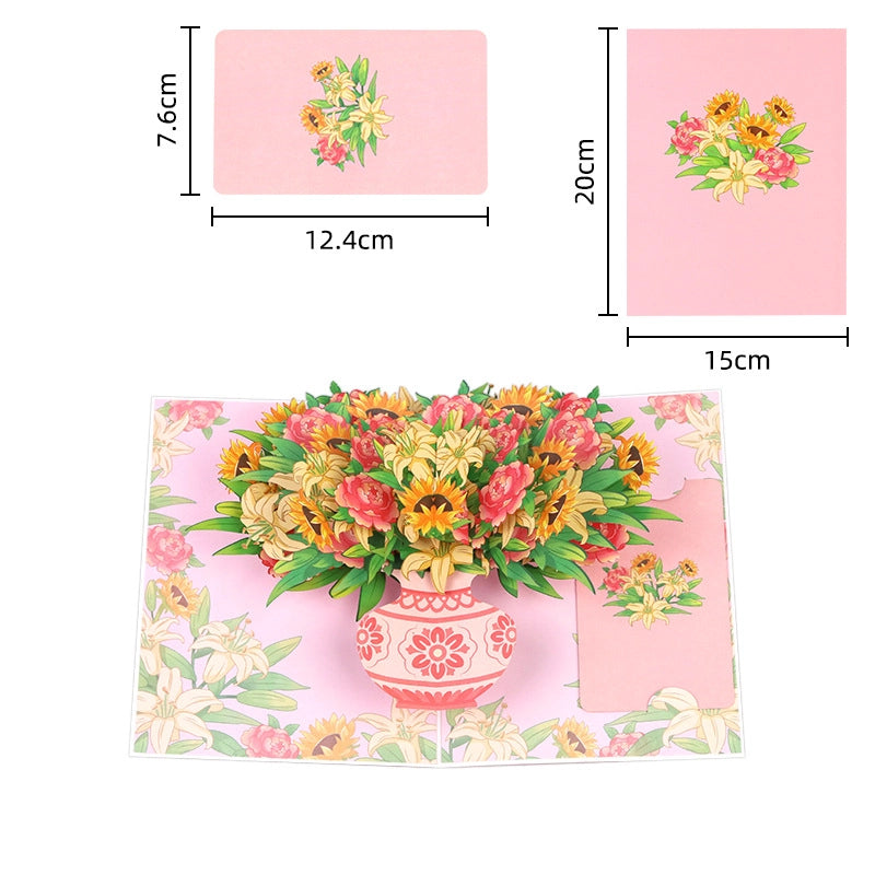 Dimensions of 3D flower card showing 15x20cm open size and 12.4x7.6cm envelope size