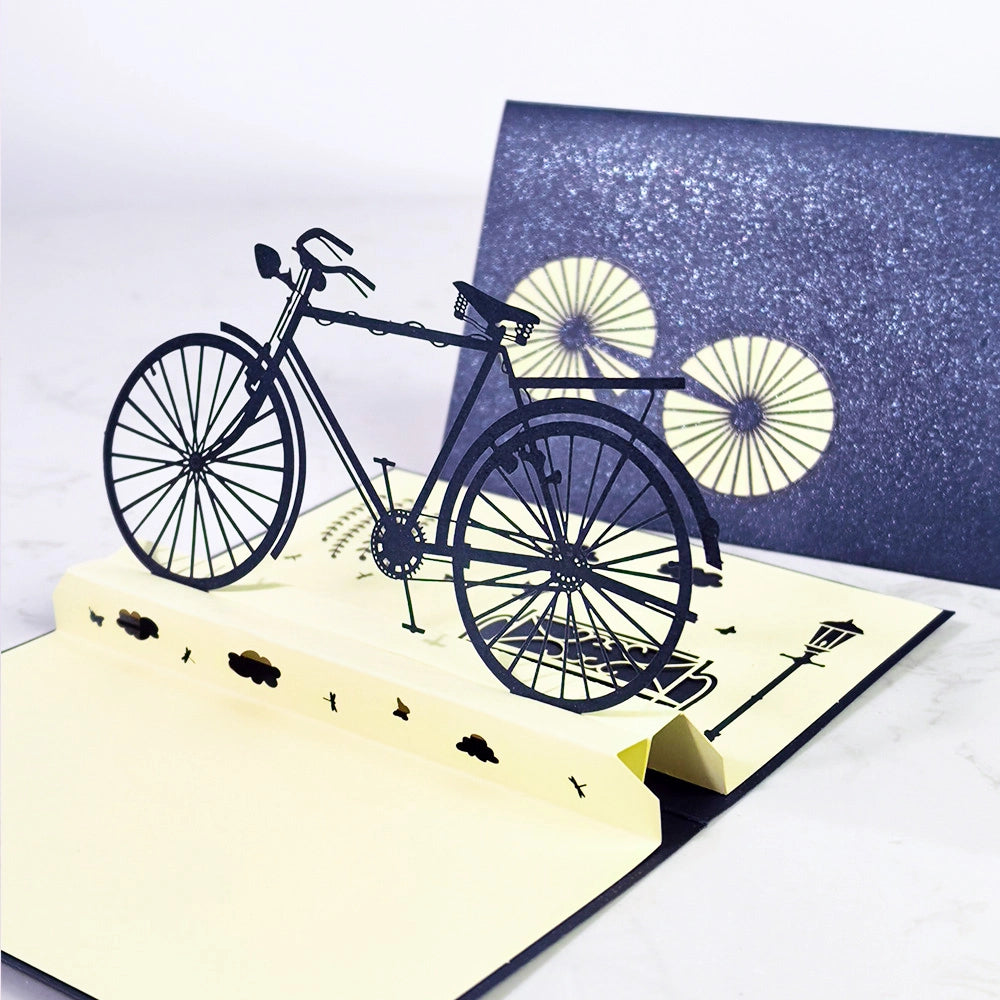 3D pop-up vintage bicycle greeting card displayed open